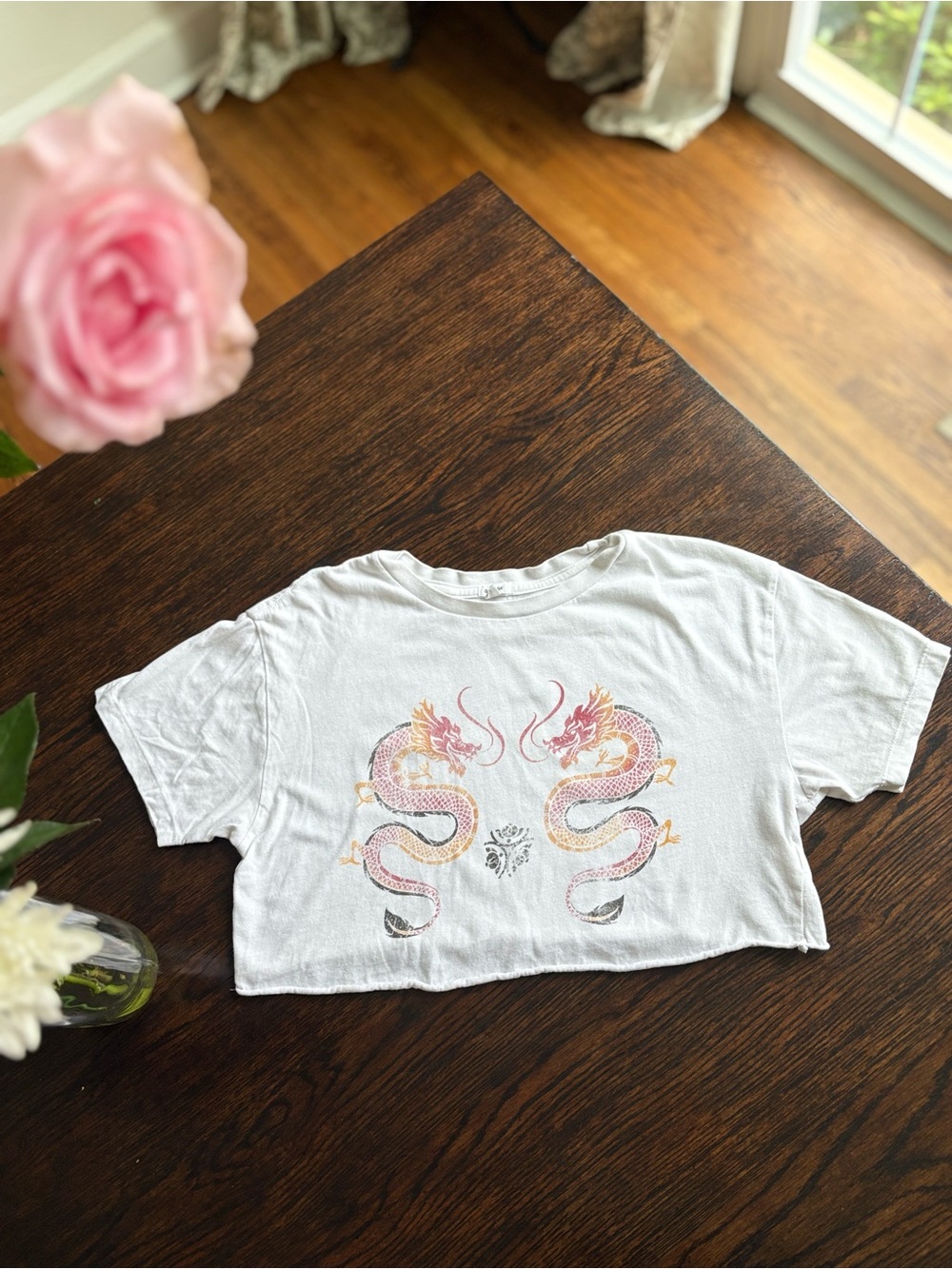 Garage White Crop Tee with Pink & Gold Dragon Print